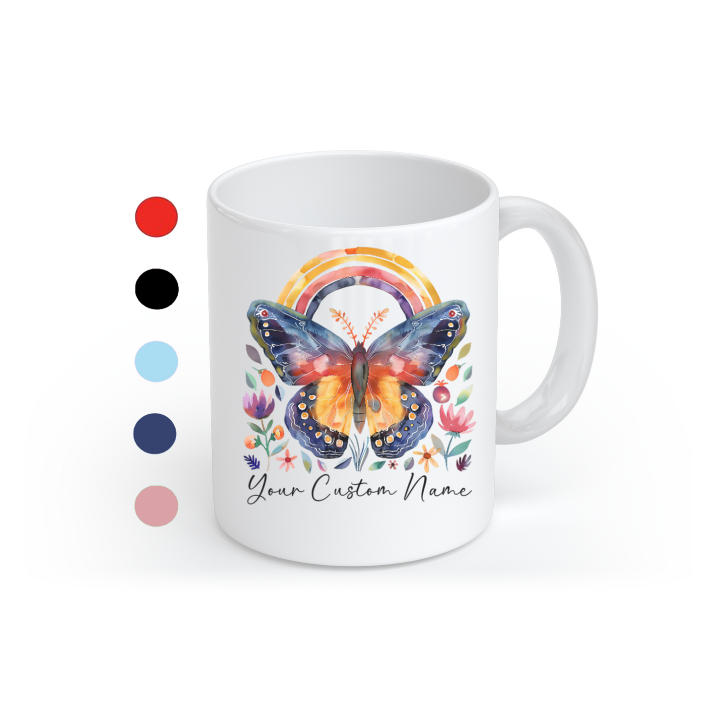 Custom Butterfly Coffee Mug with Rainbow Design - Personalized Floral Mug for Women - Unique Nature Lover Gift - 11oz Ceramic Cup