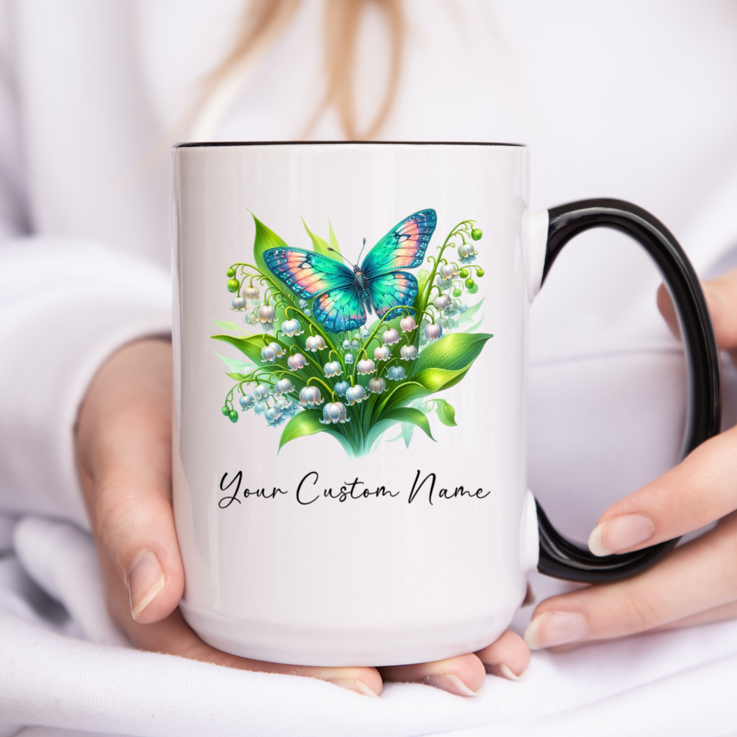 Personalized Lily of the Valley Butterfly Mug – Custom 11oz Butterfly Design – Perfect for Women – Microwave & Dishwasher Safe – Multiple Colors