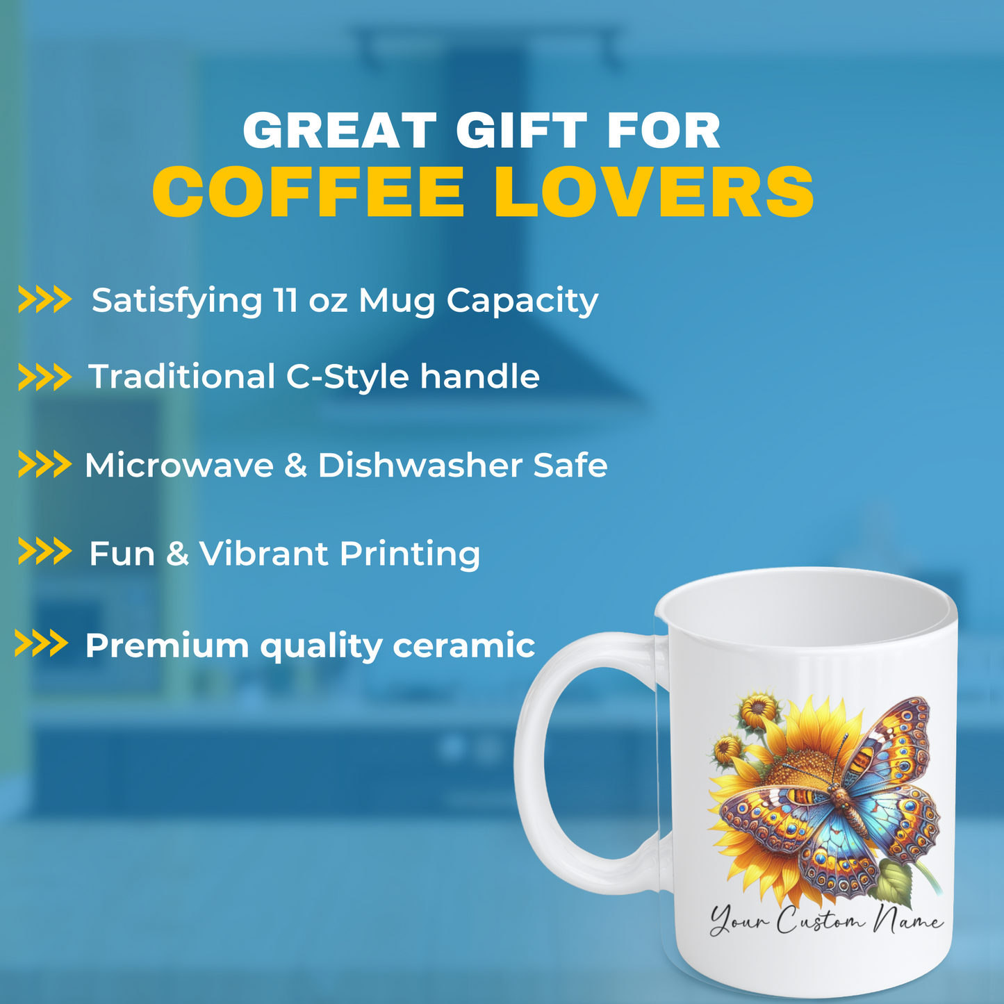 Personalized Sunflower Butterfly Mug – Custom 11oz Butterfly Design – Perfect for Women – Microwave & Dishwasher Safe – Multiple Colors