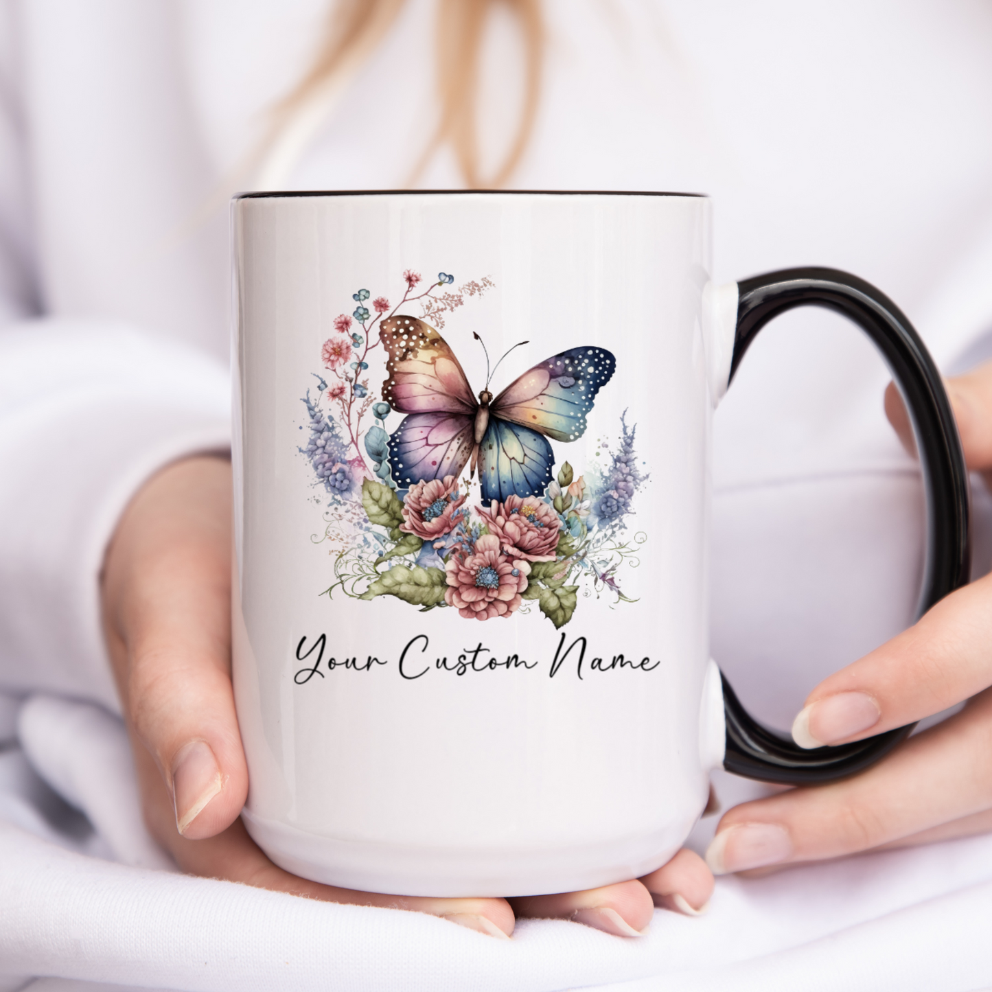 Personalized Pastel Butterfly Mug – 11oz Custom Floral Butterfly Coffee Mug with Name - Butterfly Lover Gift