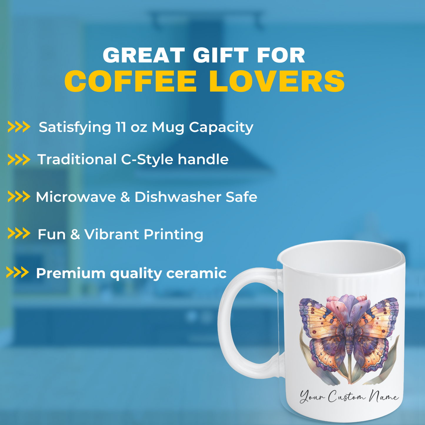 Personalized Vibrant Butterfly Mug – Custom 11oz Butterfly Design – Perfect for Women – Microwave & Dishwasher Safe – Multiple Colors