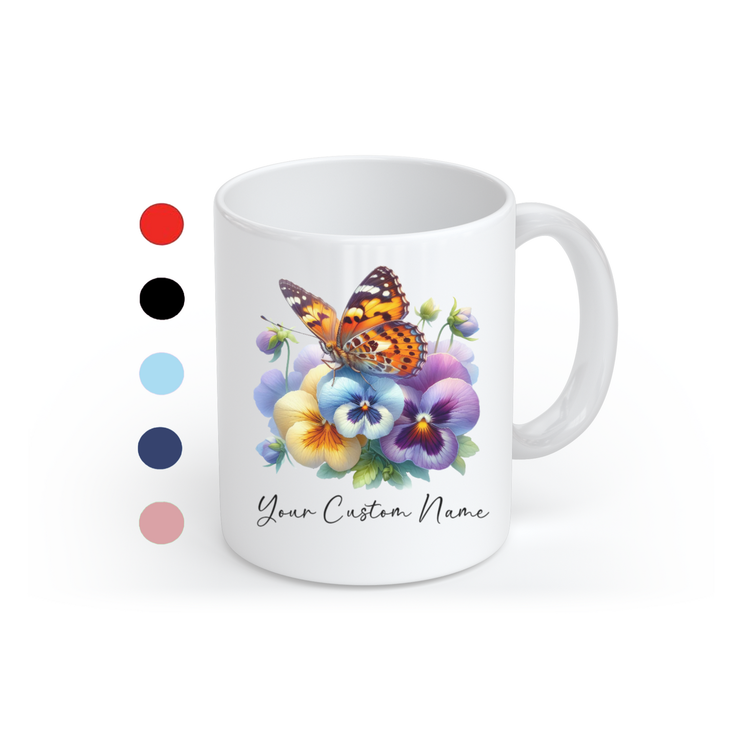 Personalized Pansy Butterfly Mug – Custom 11oz Butterfly Design – Perfect for Women – Microwave & Dishwasher Safe – Multiple Colors