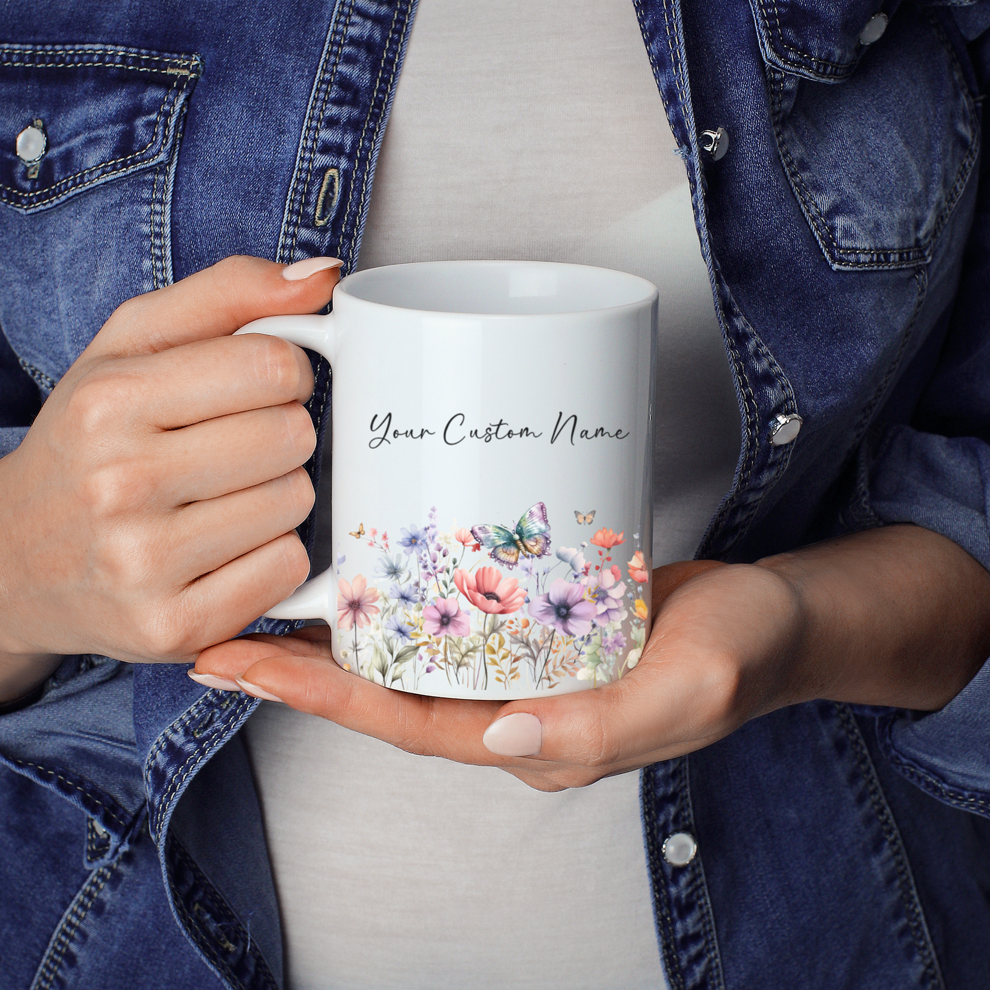 Custom Butterfly Coffee Mug – 11oz Personalized Coffee Mug with Name – Colorful Butterfly & Floral Design Gift for Mom Sister Friend