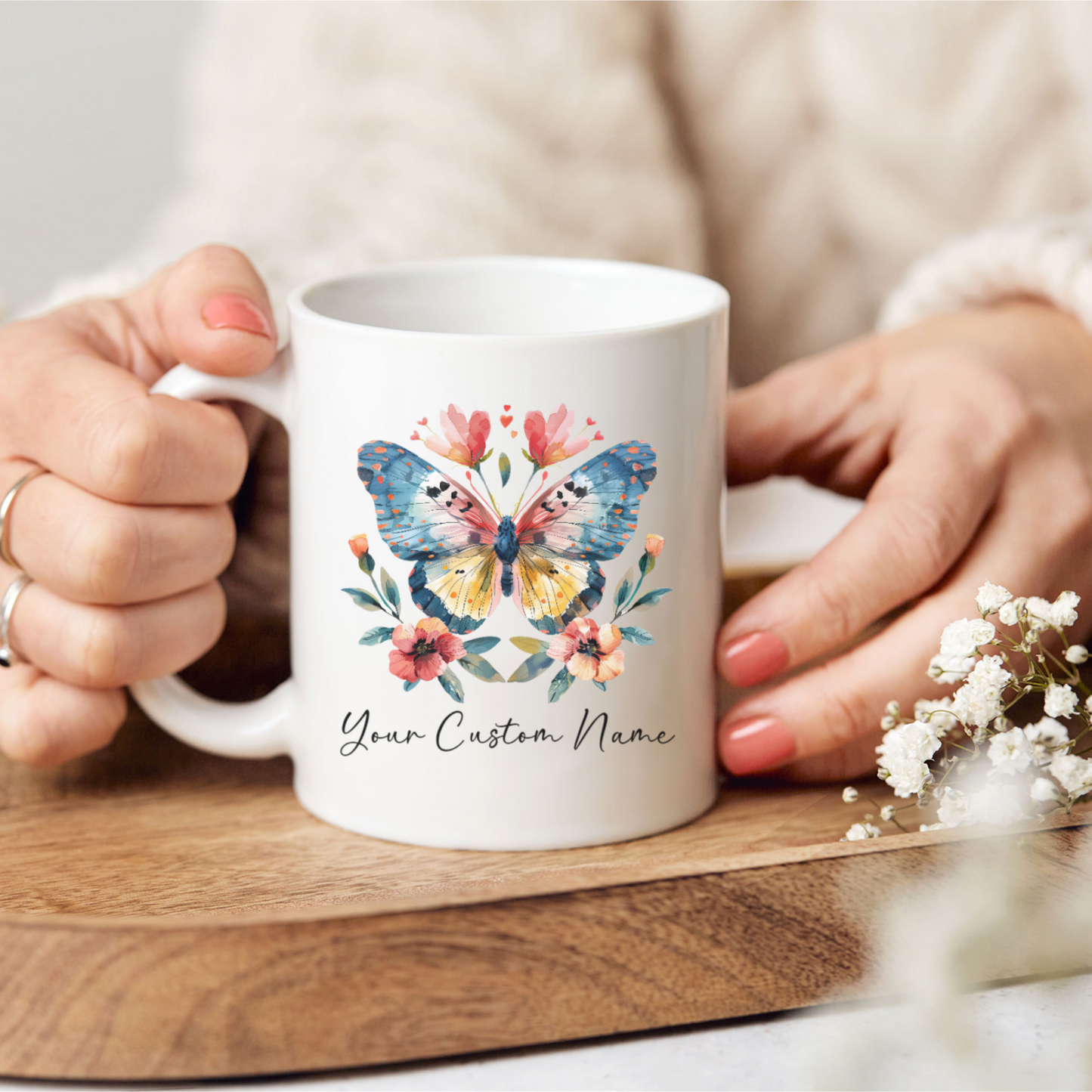 Personalized Butterfly Floral Mug – Custom 11oz Butterfly Design – Butterfly Lover Gift – Microwave & Dishwasher Safe –