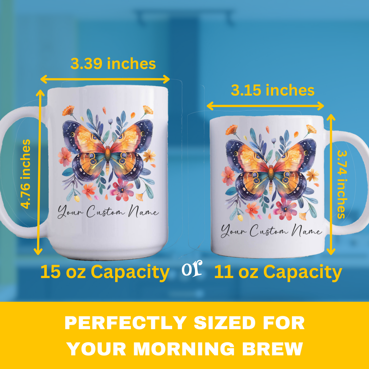 Personalized Butterfly Coffee Mug - Custom Floral Design - Unique Gifts for Women - 11oz Ceramic Cup - Multiple Colors Available