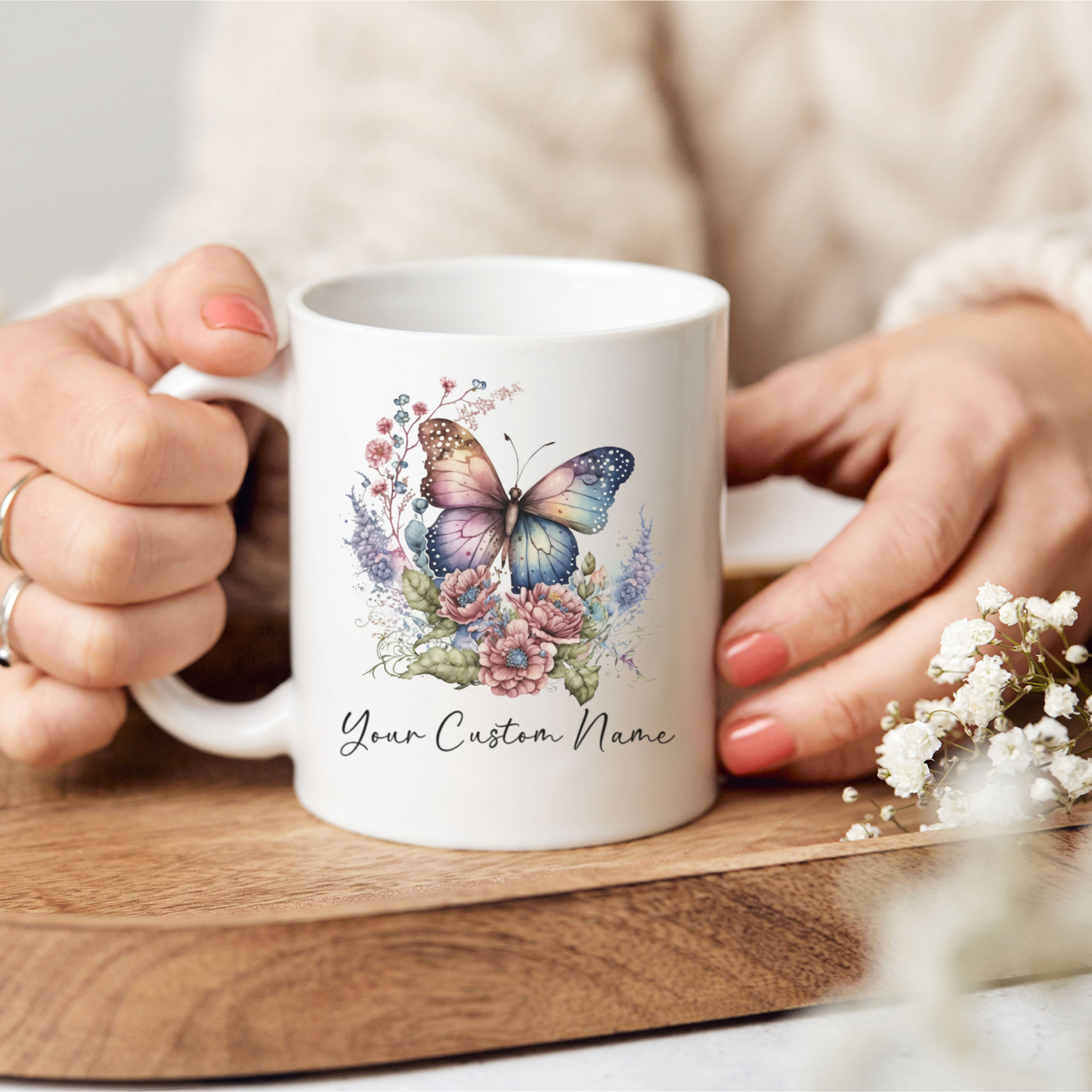 Personalized Pastel Butterfly Mug – 11oz Custom Floral Butterfly Coffee Mug with Name - Butterfly Lover Gift