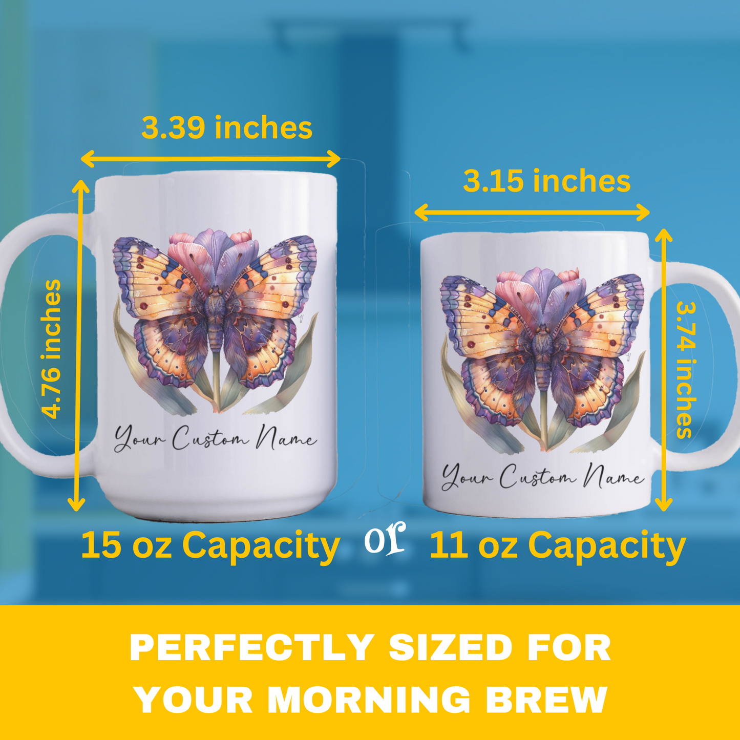 Personalized Vibrant Butterfly Mug – Custom 11oz Butterfly Design – Perfect for Women – Microwave & Dishwasher Safe – Multiple Colors