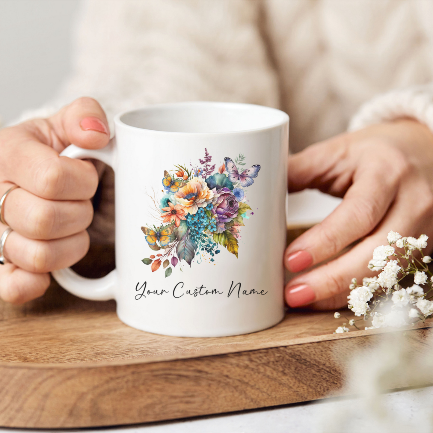 Personalized Butterfly Coffee Cup - Custom Name Coffee Mug - Personalized Gift - Bitterfly Lover Gifts, Butterflies, Flowers