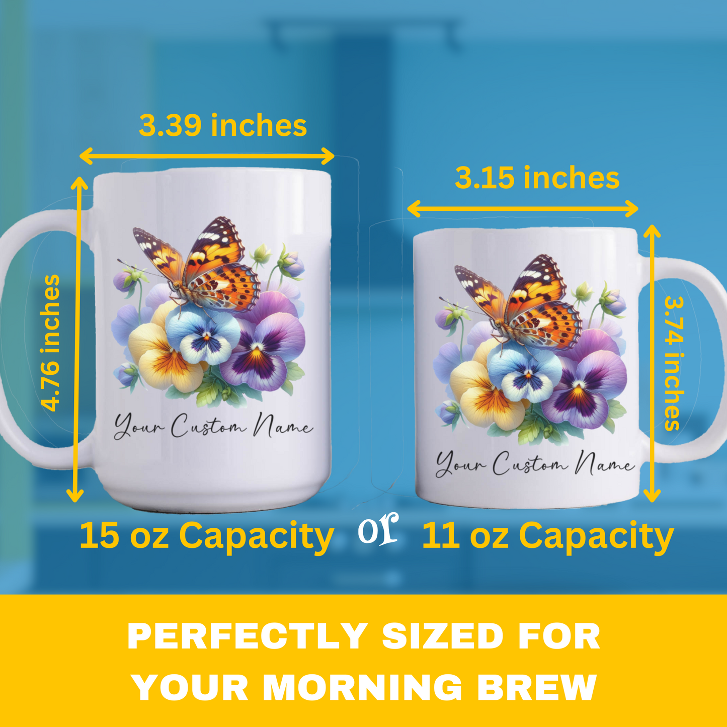 Personalized Pansy Butterfly Mug – Custom 11oz Butterfly Design – Perfect for Women – Microwave & Dishwasher Safe – Multiple Colors