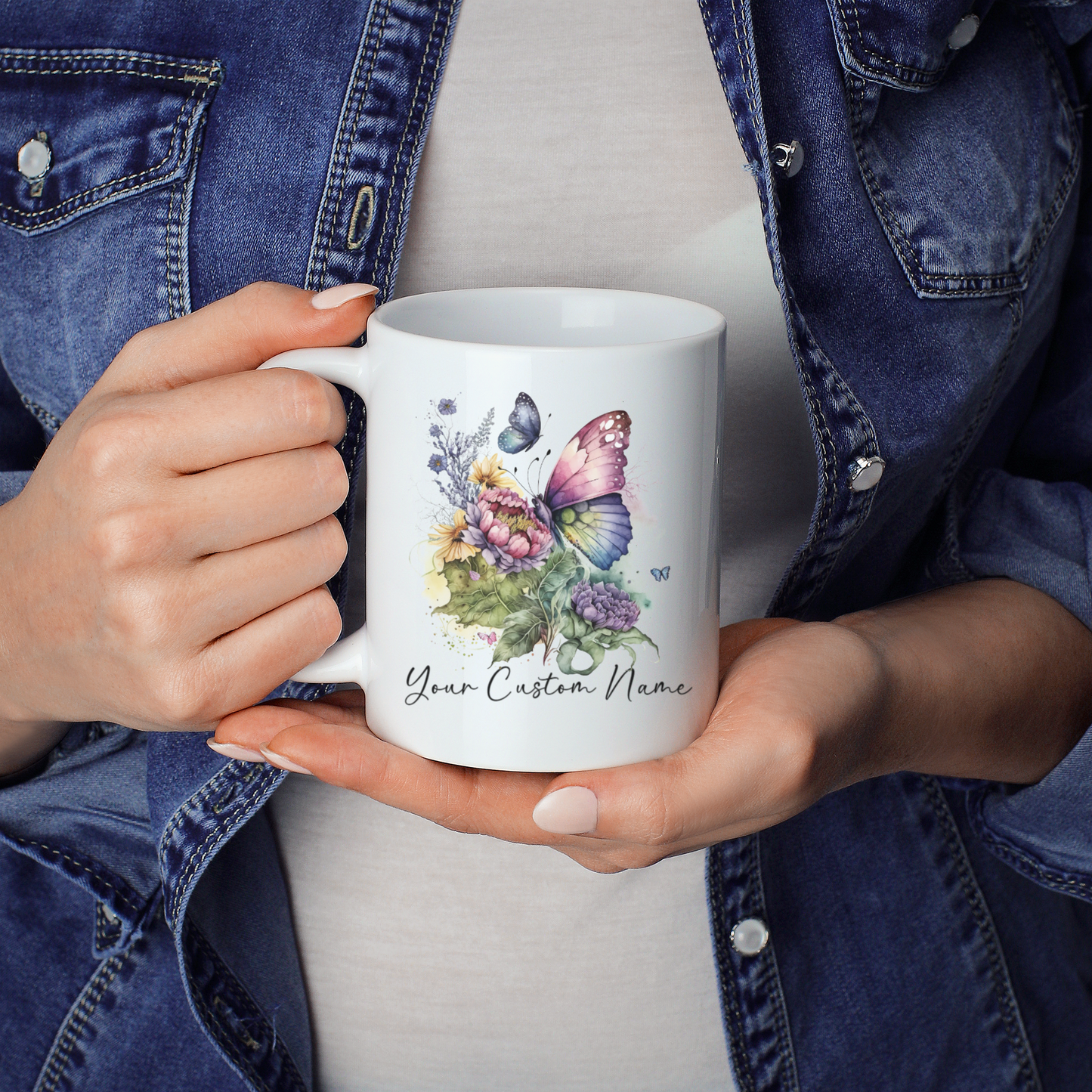 Custom Butterfly Coffee Mug – 11oz Personalized Coffee Mug with Name – Colorful Butterfly & Floral Design – Microwave & Dishwasher Safe