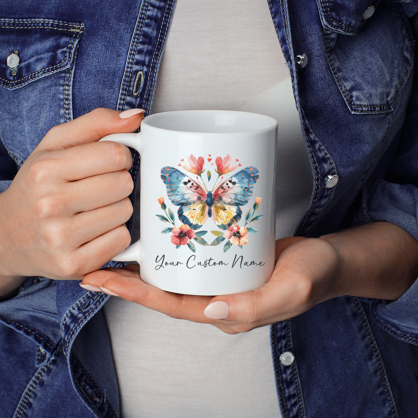 Personalized Butterfly Floral Mug – Custom 11oz Butterfly Design – Butterfly Lover Gift – Microwave & Dishwasher Safe –