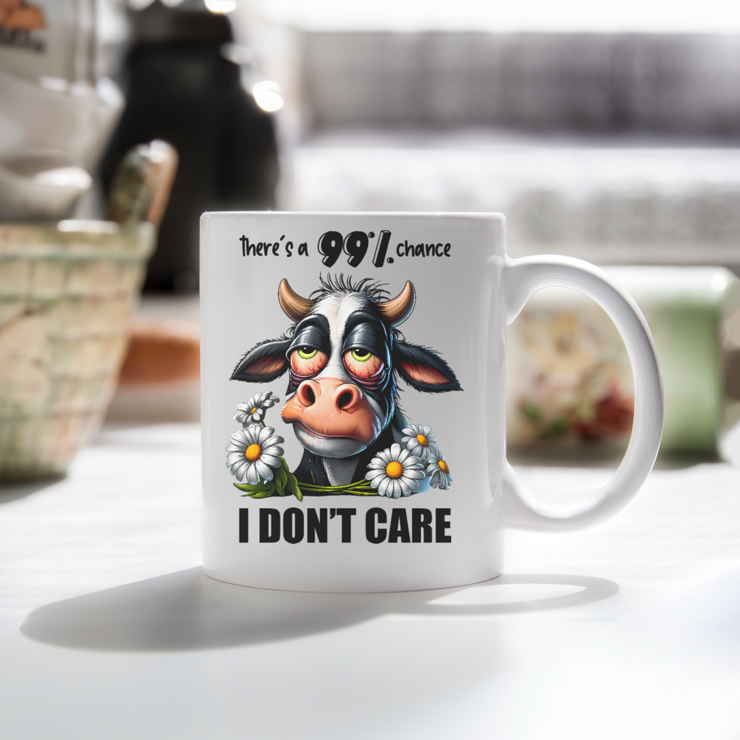 Cow Mug with "There's a 99% Chance I Don't Care" - Cute and Funny 11oz Ceramic Coffee Cup for Cow Lovers