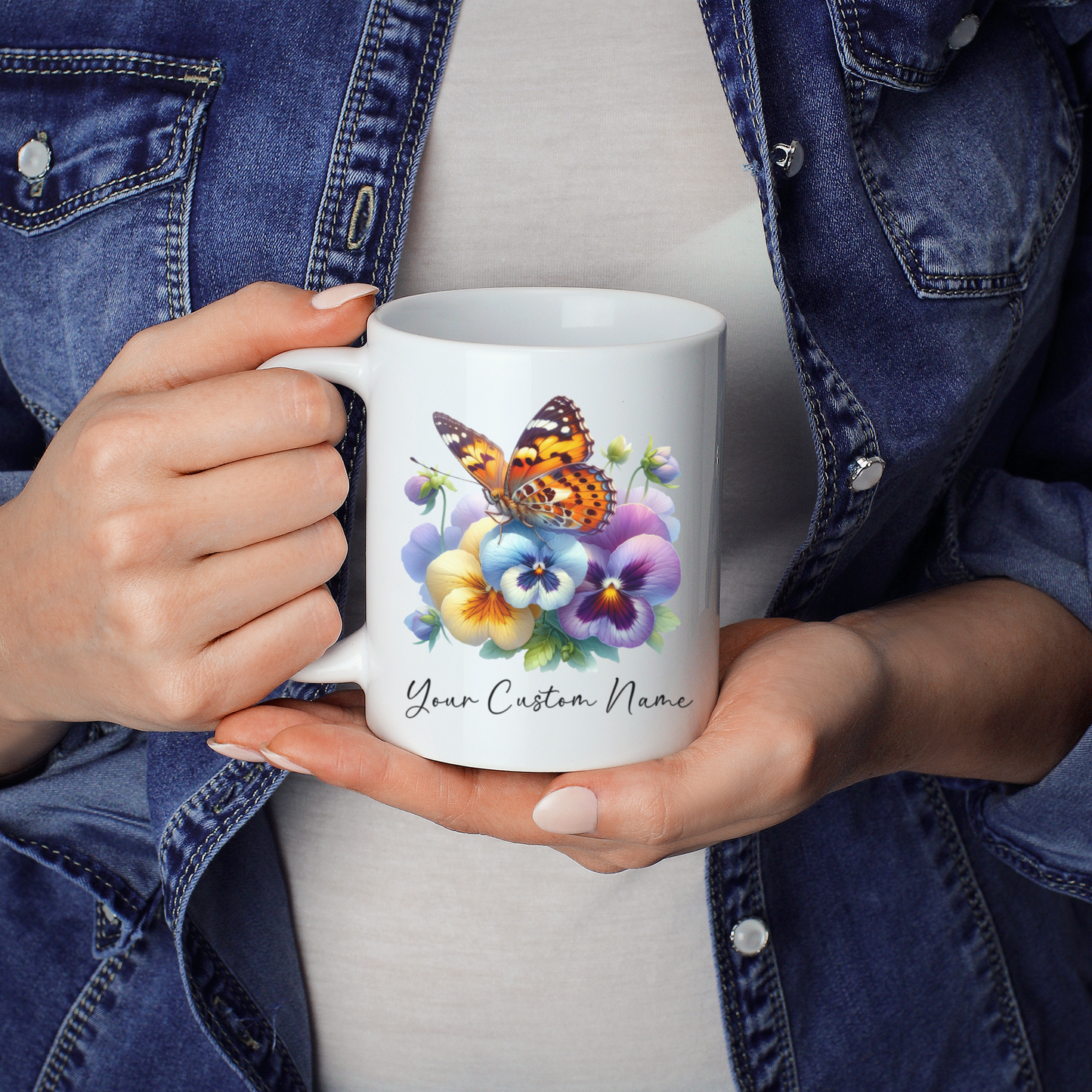 Personalized Pansy Butterfly Mug – Custom 11oz Butterfly Design – Perfect for Women – Microwave & Dishwasher Safe – Multiple Colors