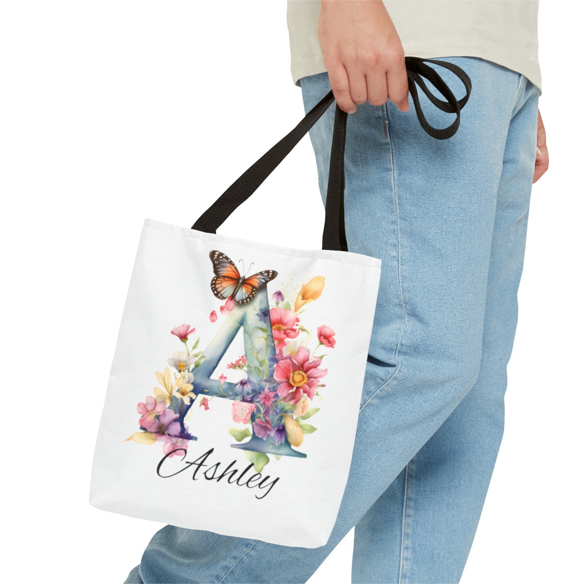 Custom Name Canvas Tote bag,  Personalized Library Bag, Butterfly Floral Letter Tote Bags, Gift for Book Lover