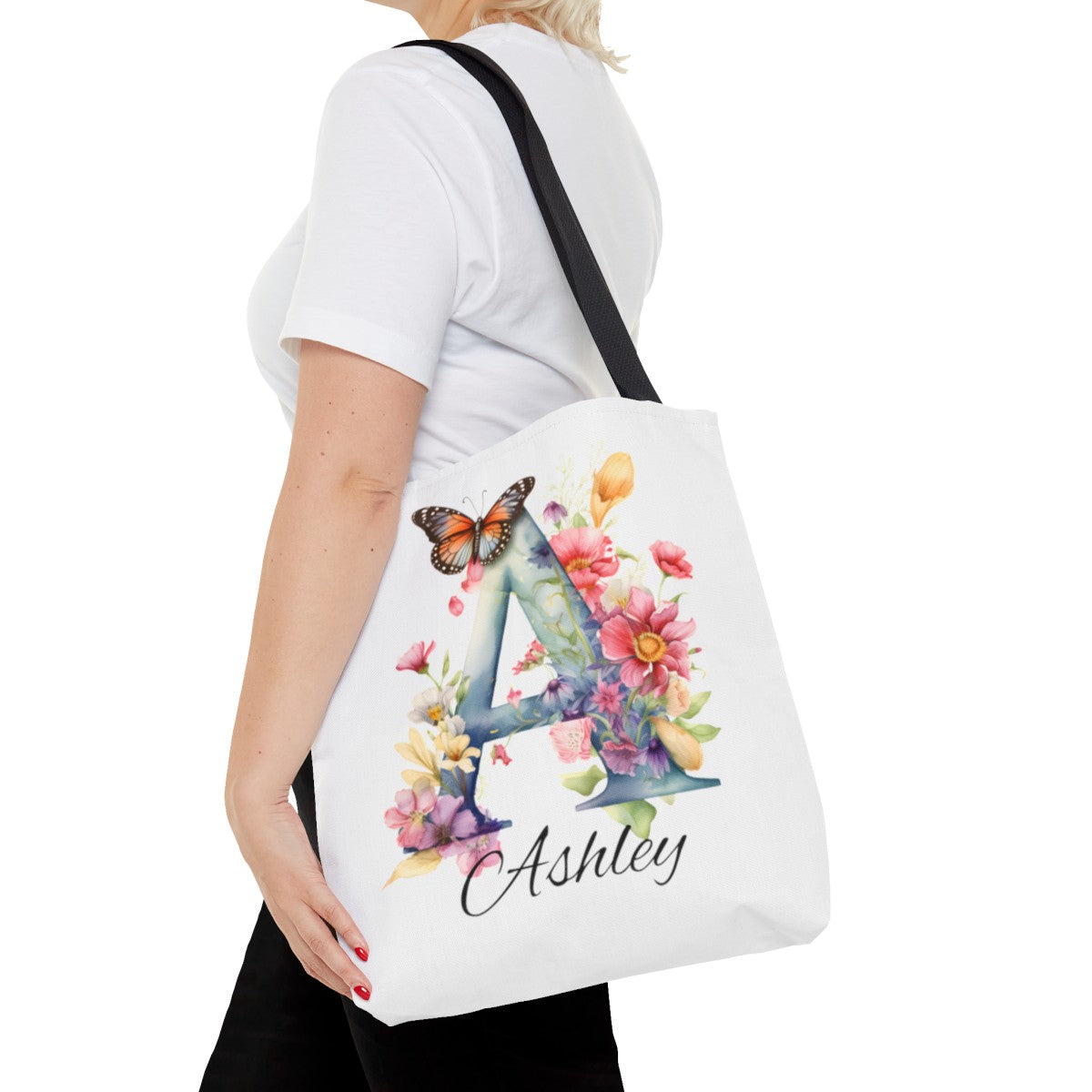 Custom Name Canvas Tote bag,  Personalized Library Bag, Butterfly Floral Letter Tote Bags, Gift for Book Lover